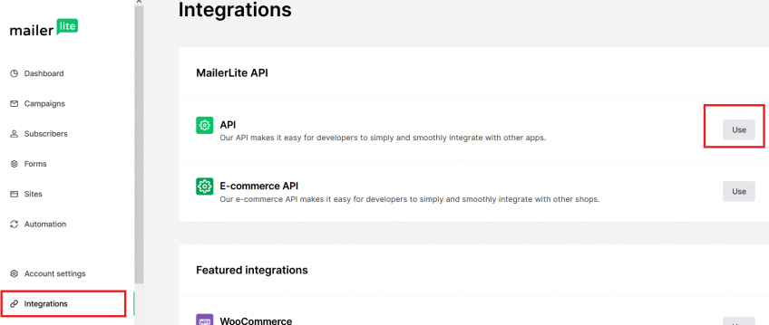 image of generating a new token in MailerLite